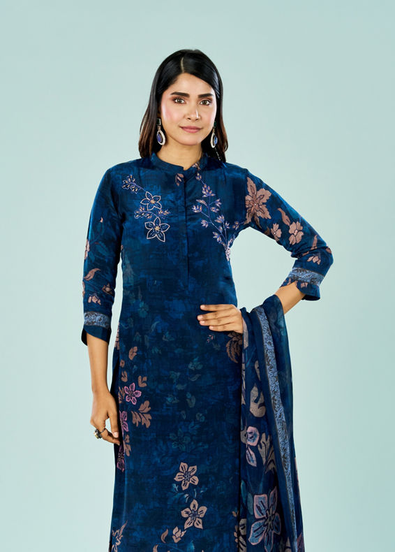 Mohey Women Indigo Blue Rayon Stitched Suit