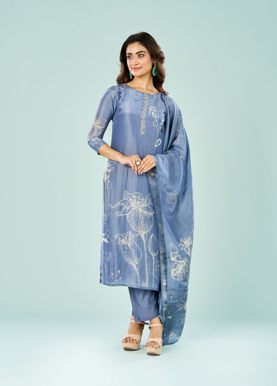 Mohey Women Indigo Blue Art Silk Straight Suit
