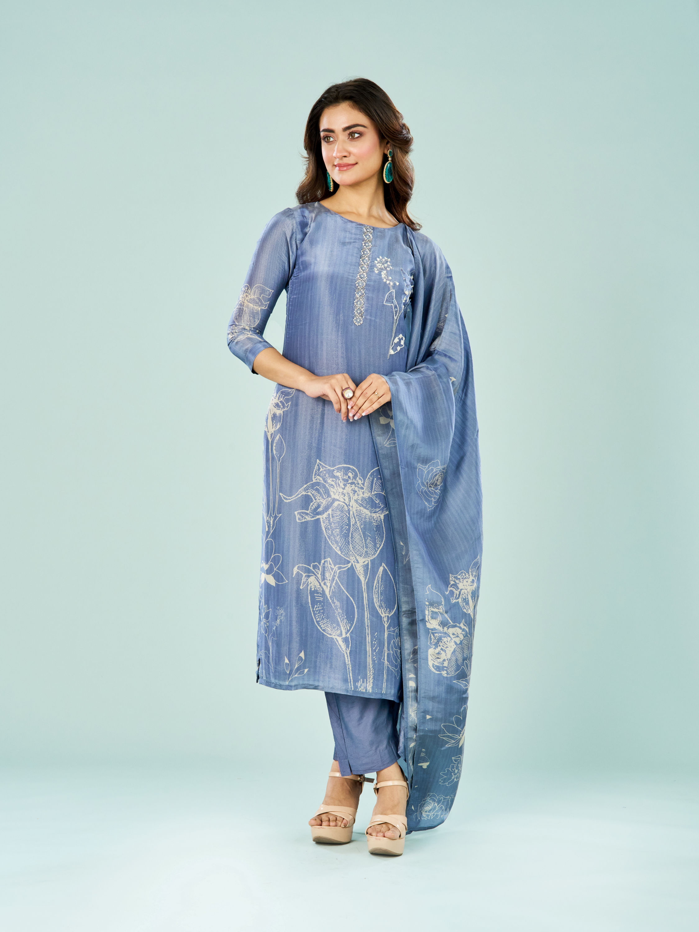Mohey Women Indigo Blue Art Silk Straight Suit