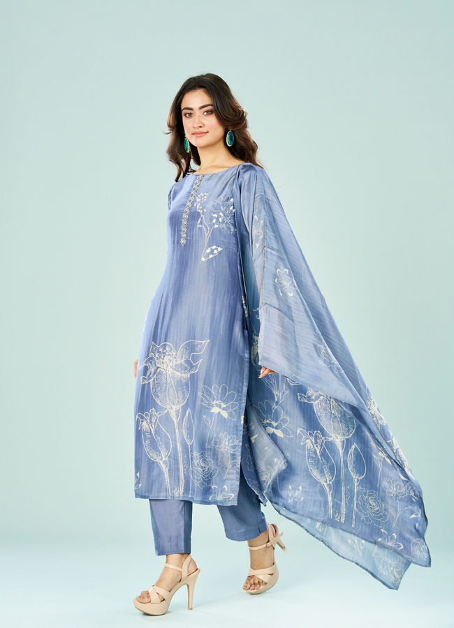 Mohey Women Indigo Blue Art Silk Straight Suit