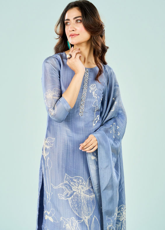 Mohey Women Indigo Blue Art Silk Straight Suit