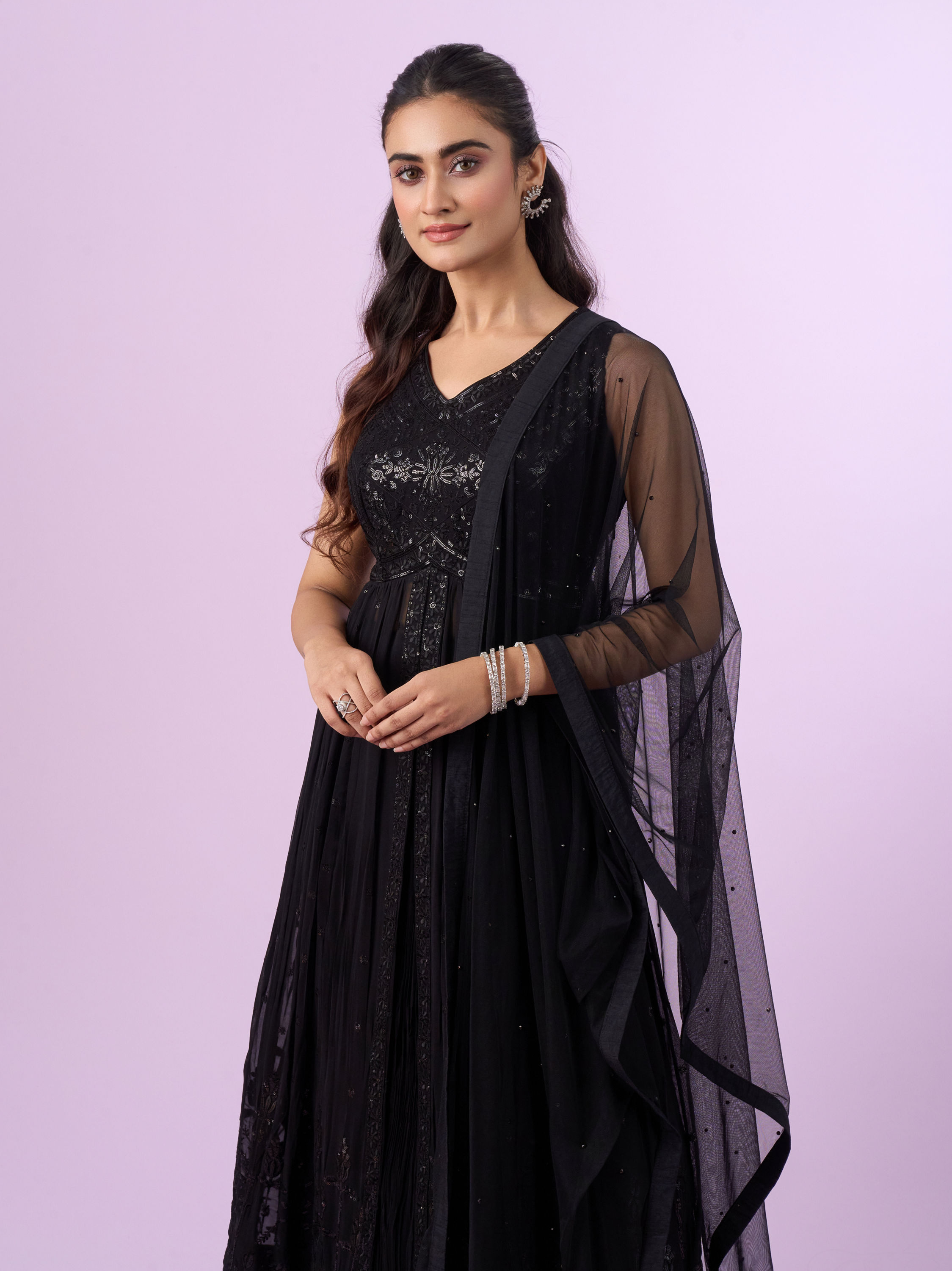 Mohey Women Black Georgette Anarkali Stitched Suit