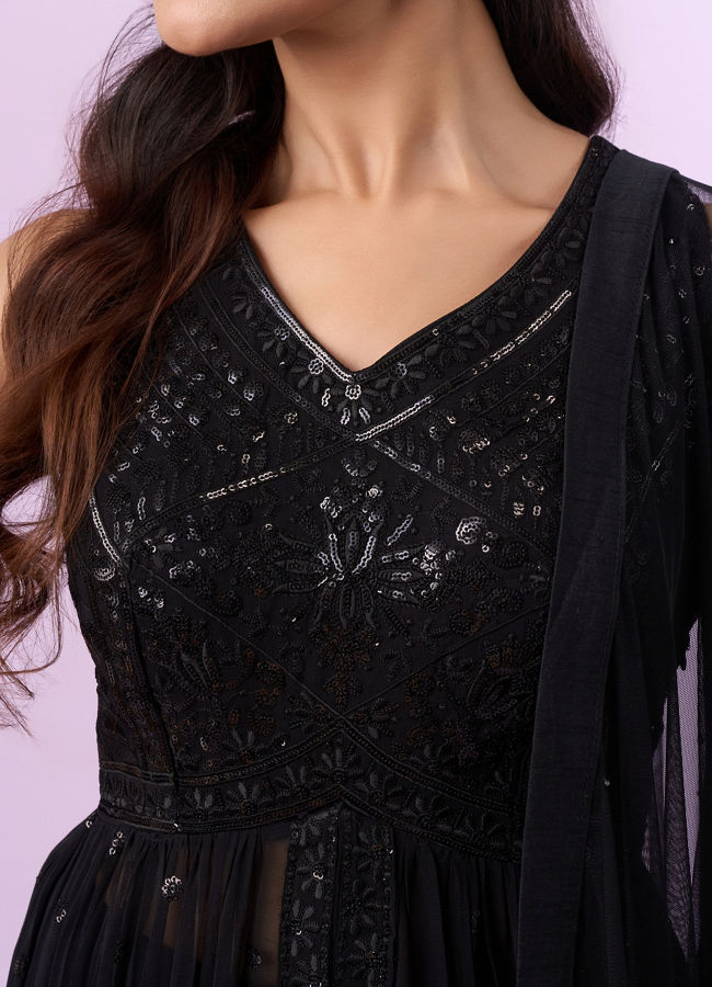 Mohey Women Black Georgette Anarkali Stitched Suit