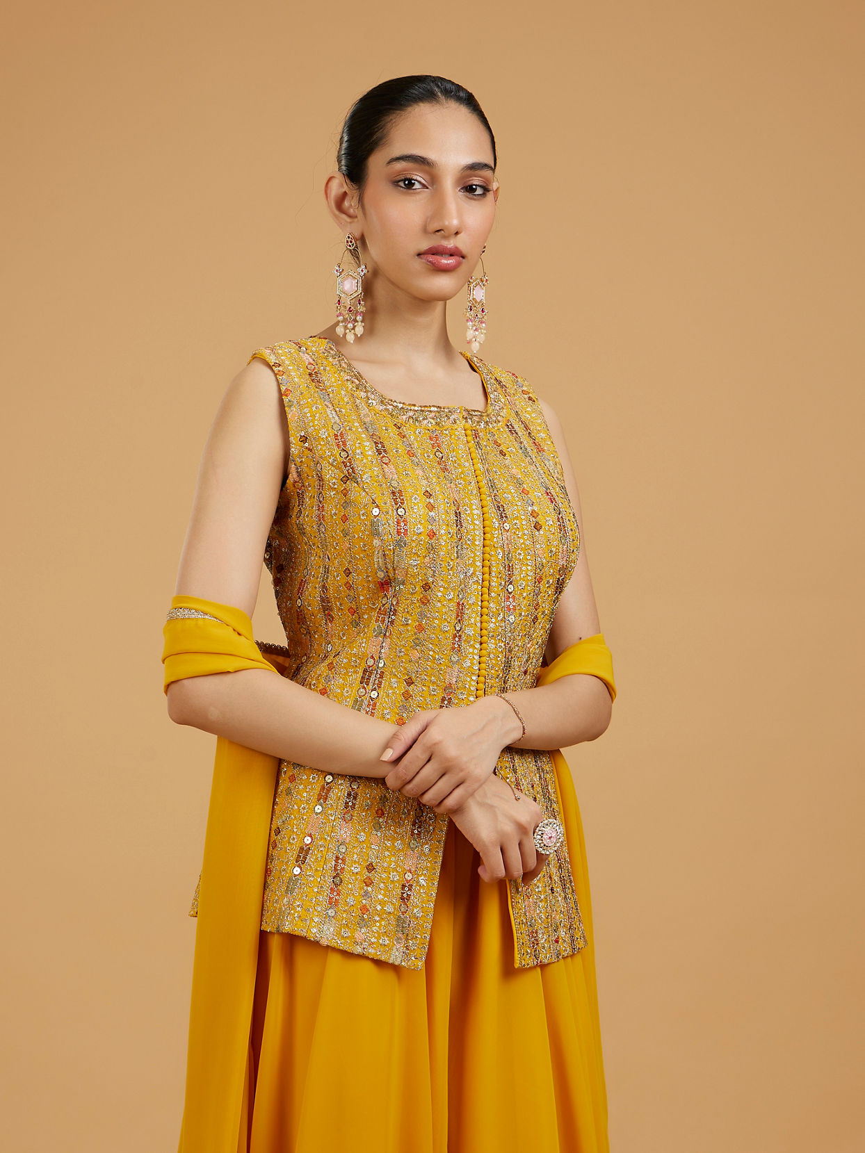 Mohey Women Radiant Mustard Yellow Georgette Indo Western