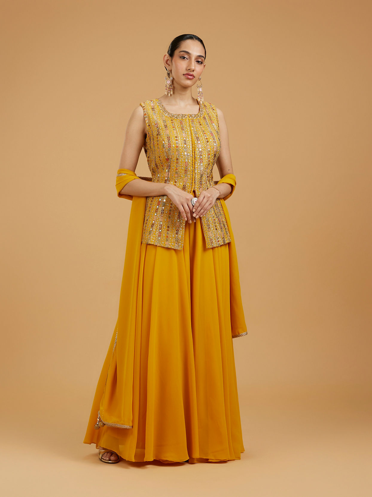 Mohey Women Radiant Mustard Yellow Georgette Indo Western