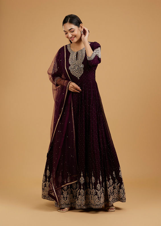 Mohey Women Dazzling Wine Georgette Anarkali Suit