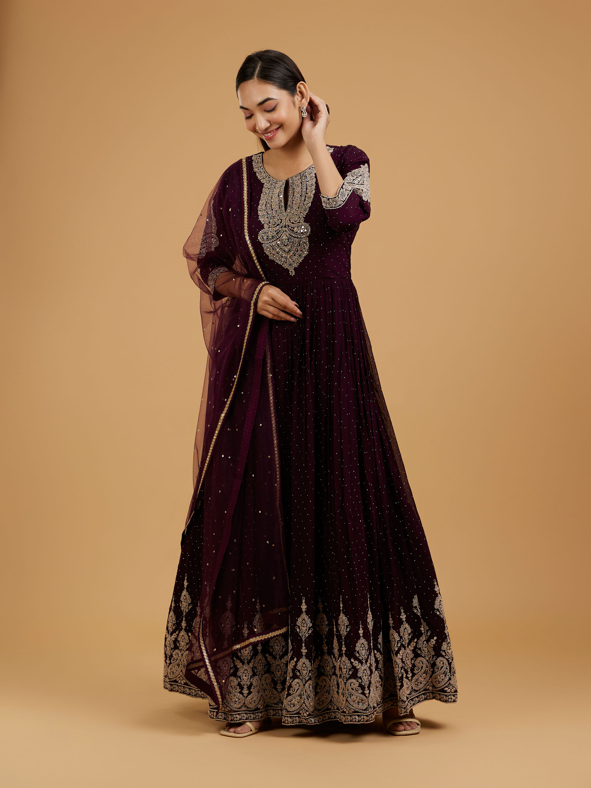 Mohey Women Dazzling Wine Georgette Anarkali Suit