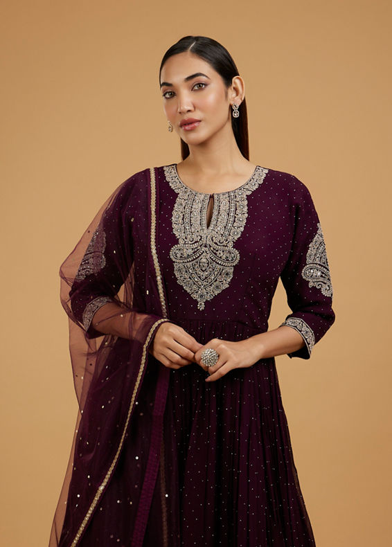 Mohey Women Dazzling Wine Georgette Anarkali Suit