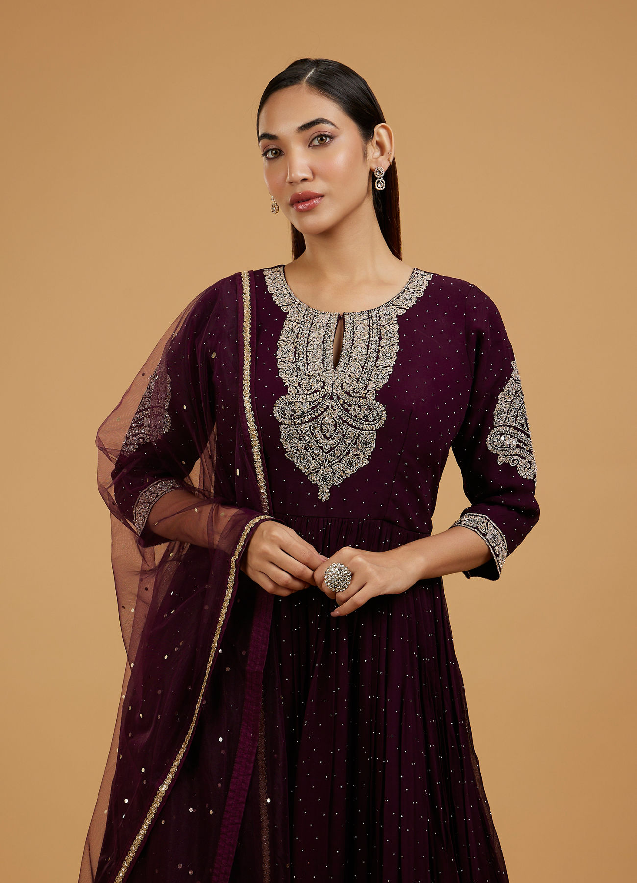 Mohey Women Dazzling Wine Georgette Anarkali Suit