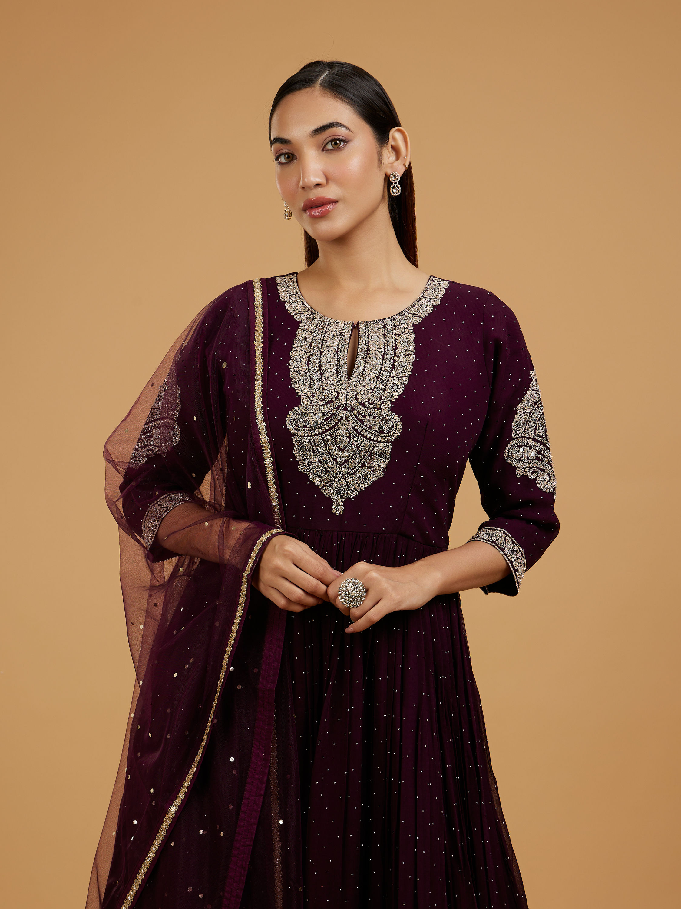 Mohey Women Dazzling Wine Georgette Anarkali Suit