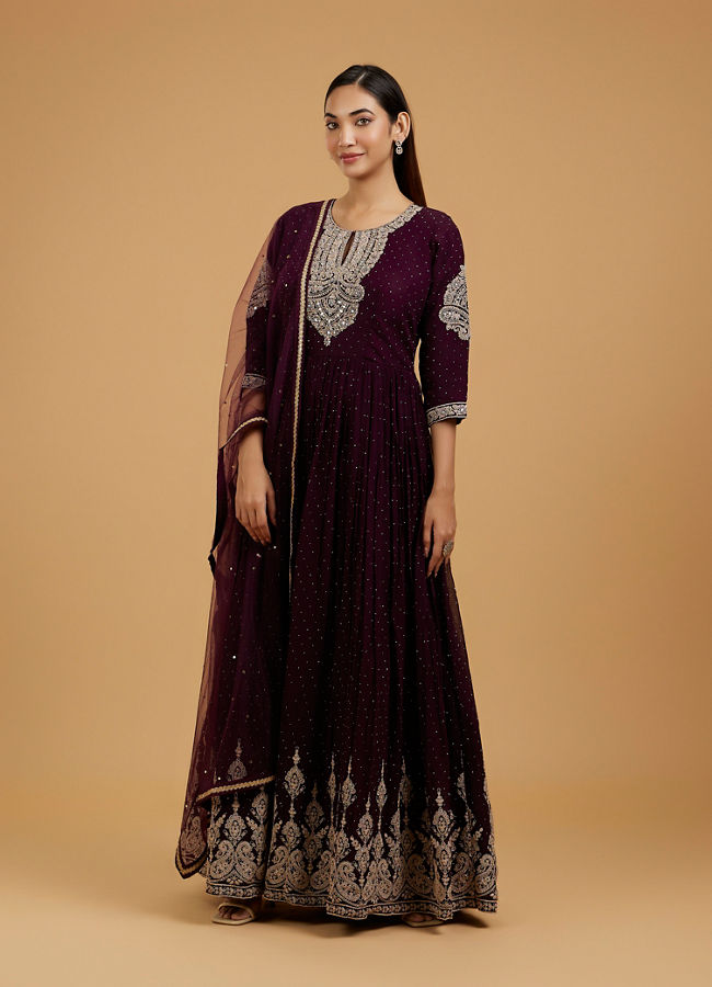 Mohey Women Dazzling Wine Georgette Anarkali Suit