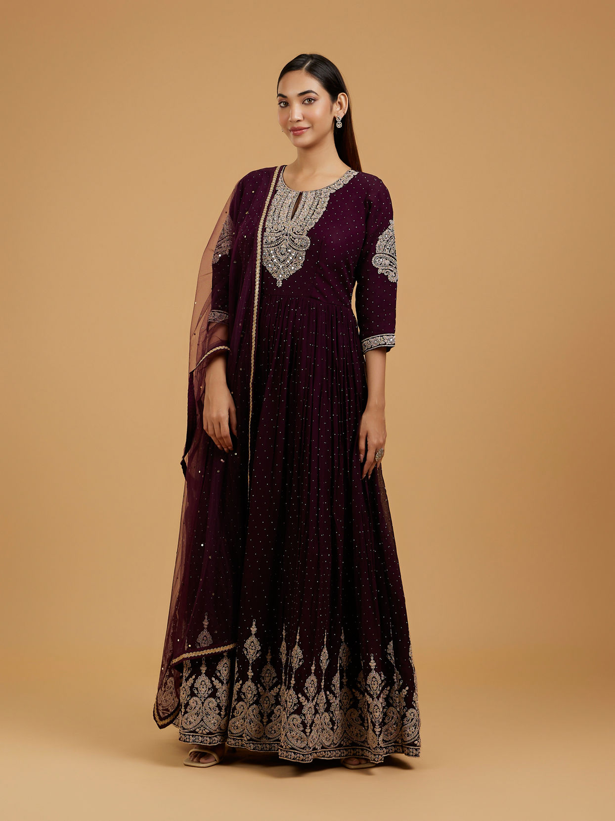 Mohey Women Dazzling Wine Georgette Anarkali Suit