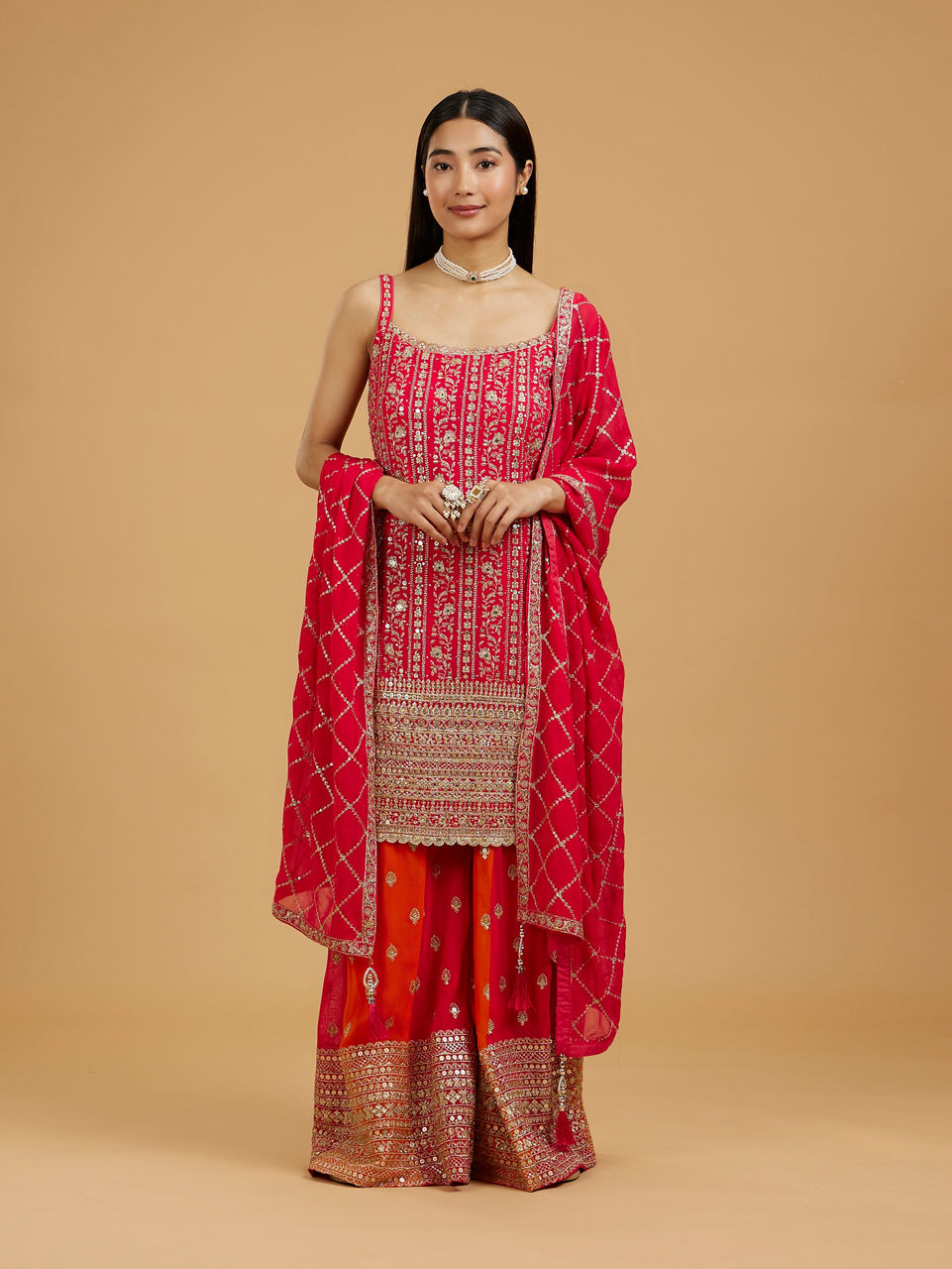 Mohey Women Regal Georgette Red Palazzo Suit