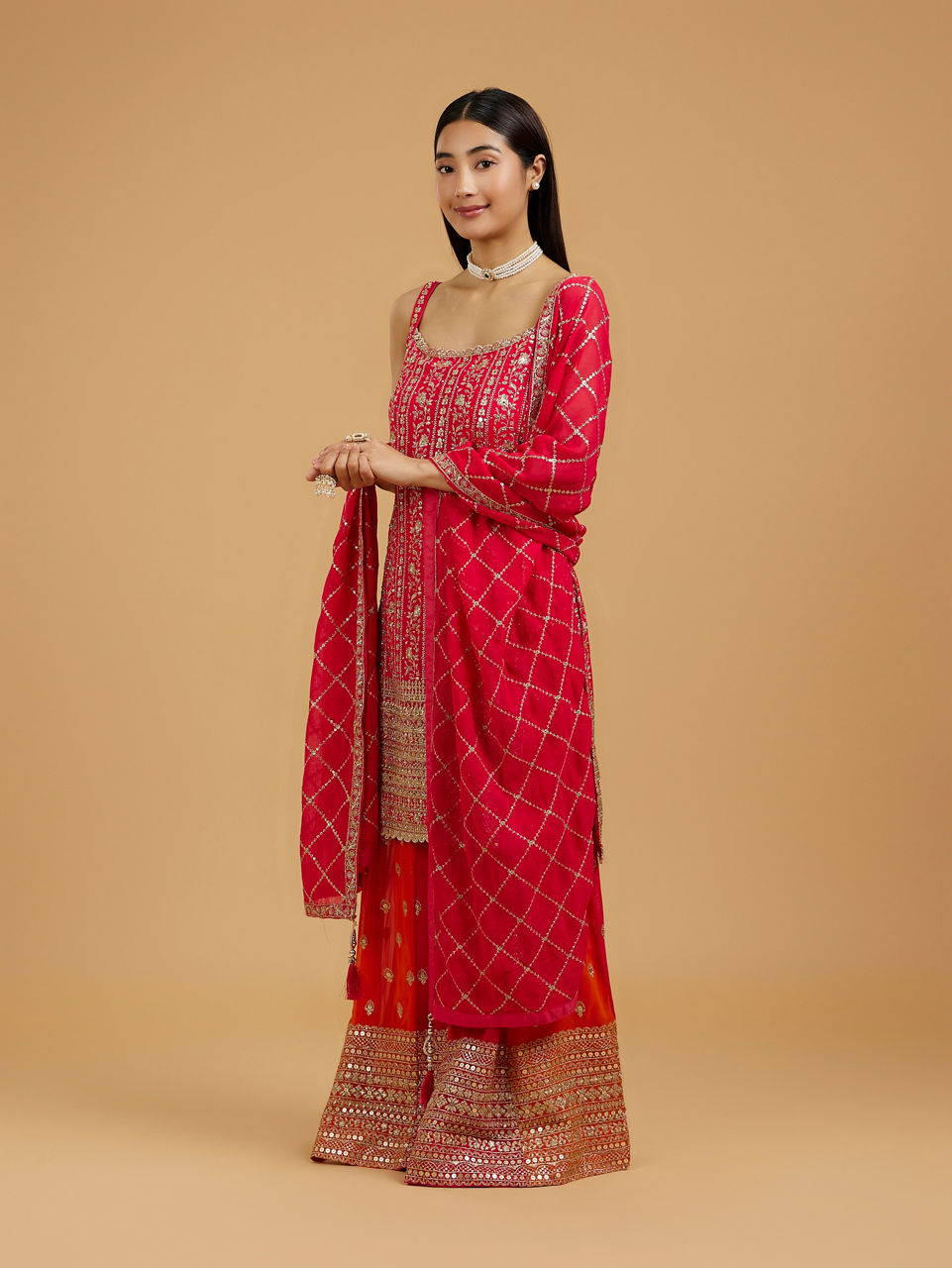 Mohey Women Regal Georgette Red Palazzo Suit