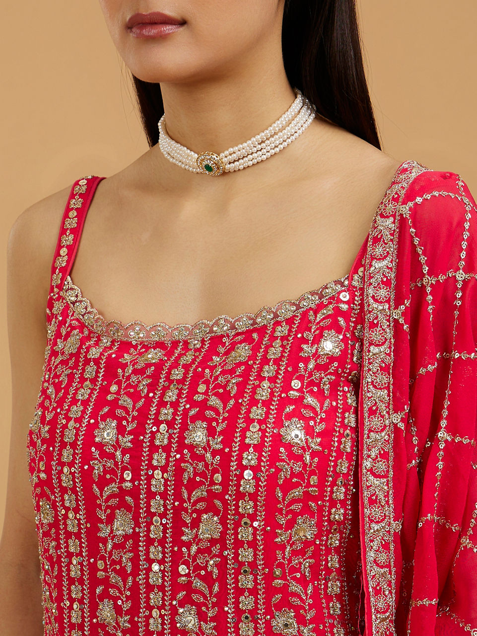 Mohey Women Regal Georgette Red Palazzo Suit