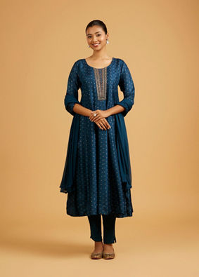 Mohey Women Teal Blue Sequined Anarkali Suit with Embroidered Neckline