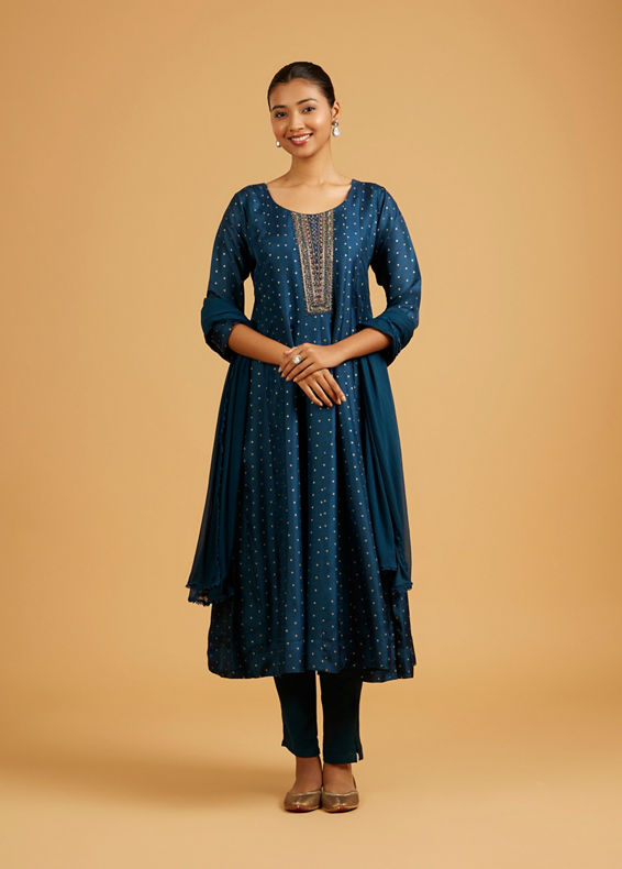 Mohey Women Teal Blue Sequined Anarkali Suit with Embroidered Neckline