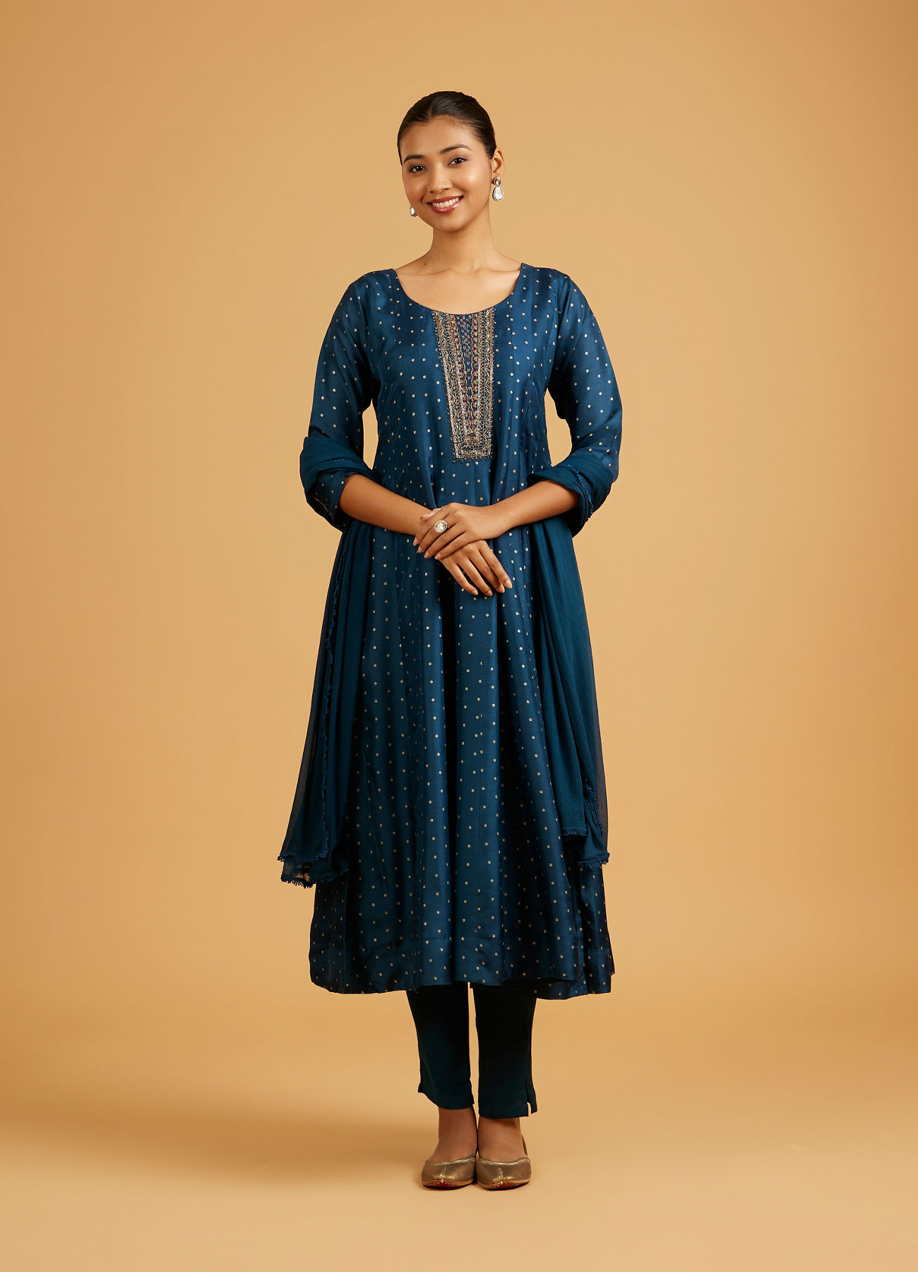Mohey Women Teal Blue Sequined Anarkali Suit with Embroidered Neckline