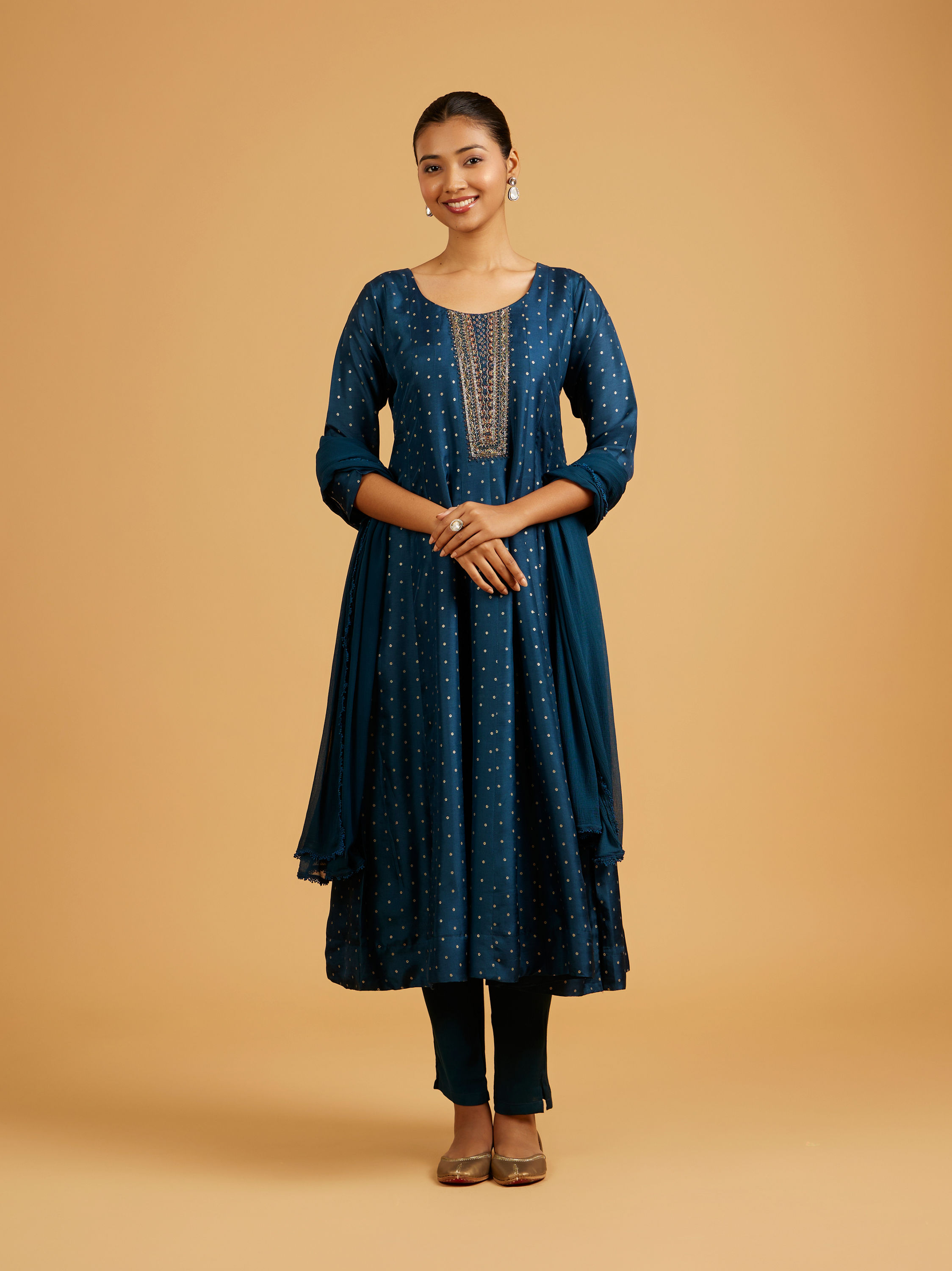 Mohey Women Teal Blue Sequined Anarkali Suit with Embroidered Neckline