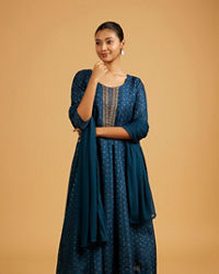 Mohey Women Teal Blue Sequined Anarkali Suit with Embroidered Neckline