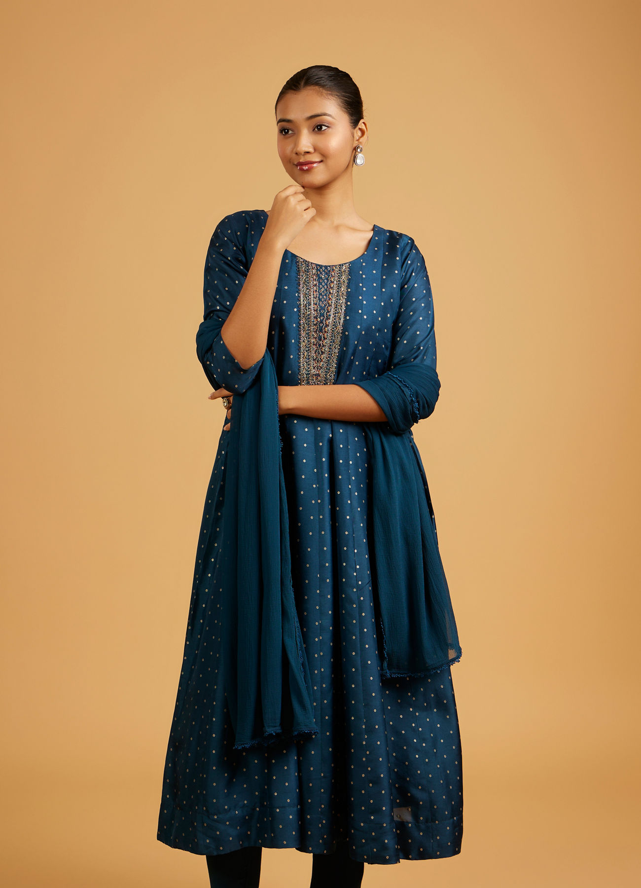 Mohey Women Teal Blue Sequined Anarkali Suit with Embroidered Neckline
