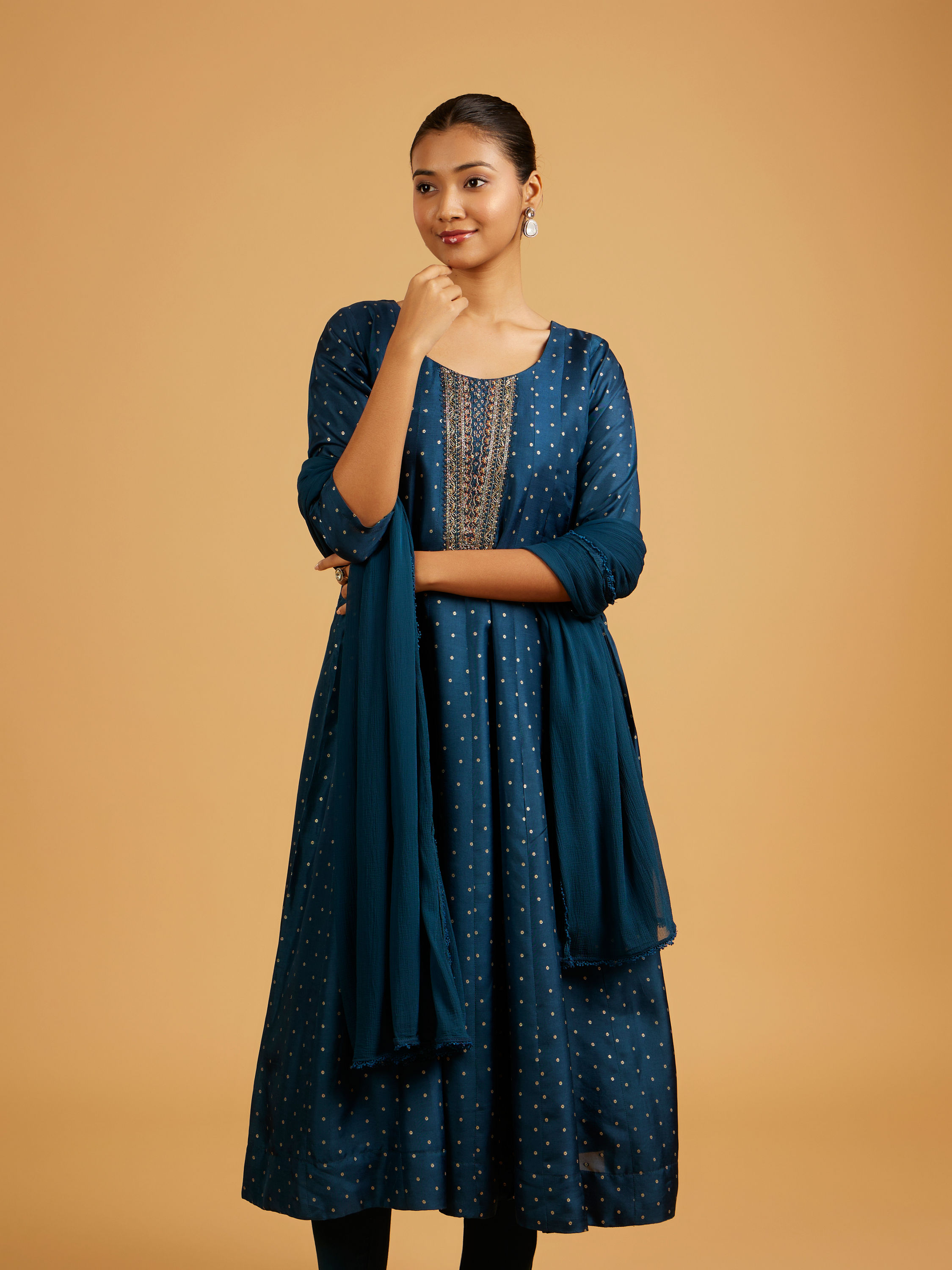 Mohey Women Teal Blue Sequined Anarkali Suit with Embroidered Neckline
