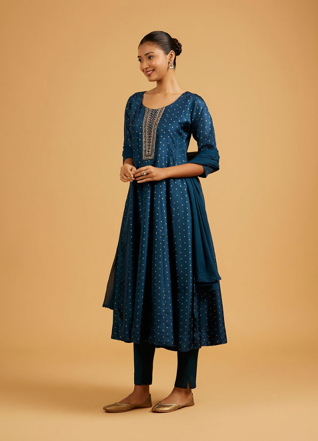 Mohey Women Teal Blue Sequined Anarkali Suit with Embroidered Neckline