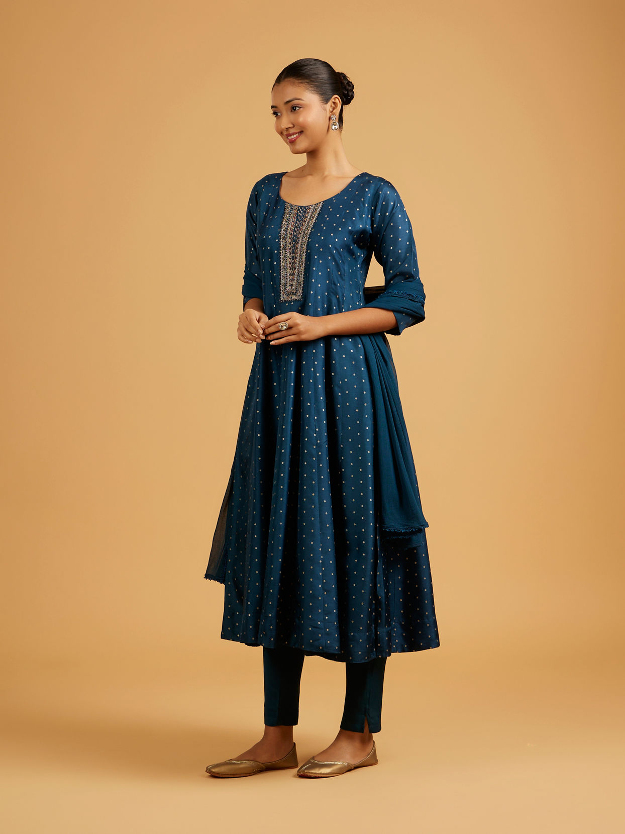 Mohey Women Teal Blue Sequined Anarkali Suit with Embroidered Neckline