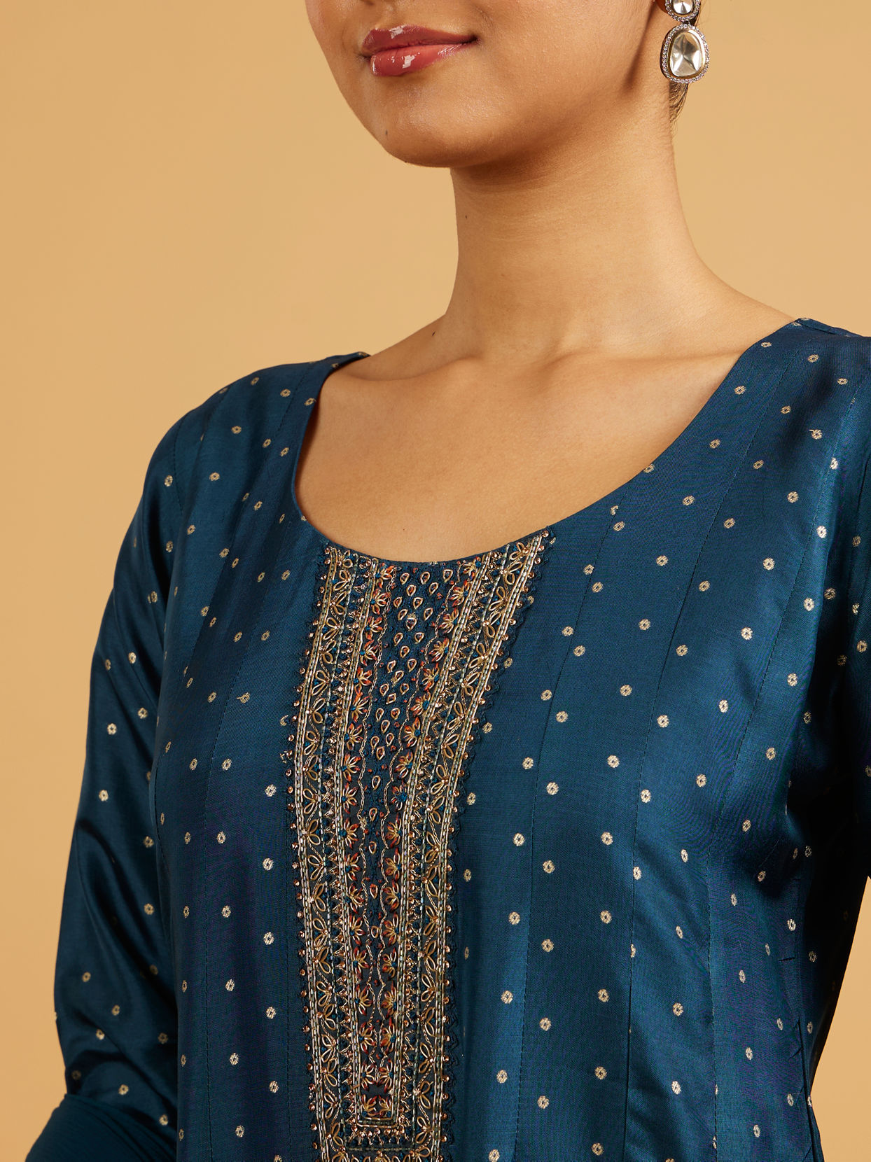 Mohey Women Teal Blue Sequined Anarkali Suit with Embroidered Neckline