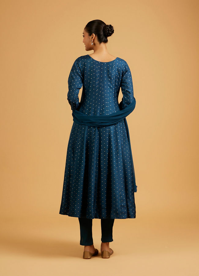 Mohey Women Teal Blue Sequined Anarkali Suit with Embroidered Neckline