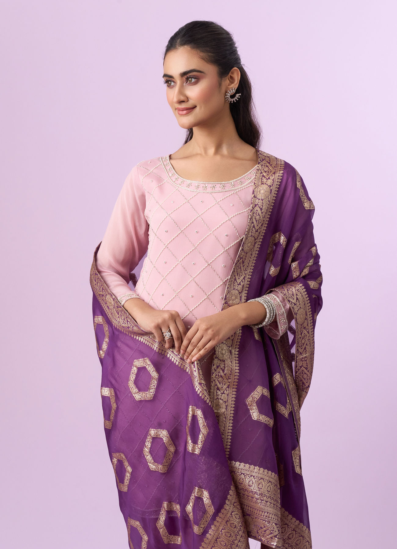 Mohey Women Purple Chinon Splendor Palazzo Suit