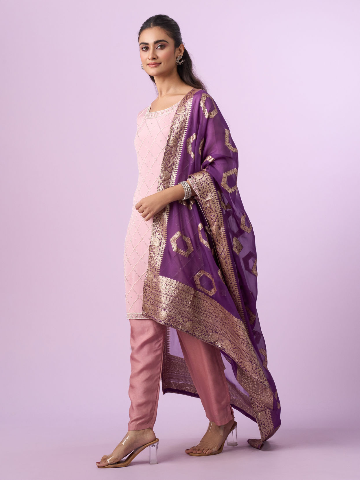 Mohey Women Purple Chinon Splendor Palazzo Suit