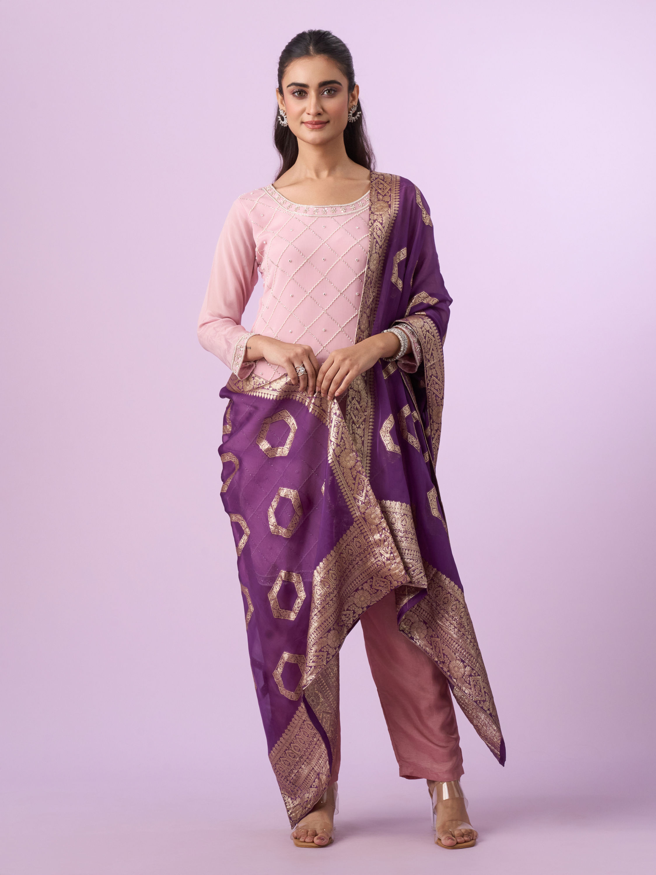 Mohey Women Purple Chinon Splendor Palazzo Suit