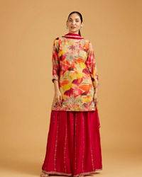 Mohey Women Rani Pink Abstract Print Suit Set with Floral Embroidery And Sequin Work