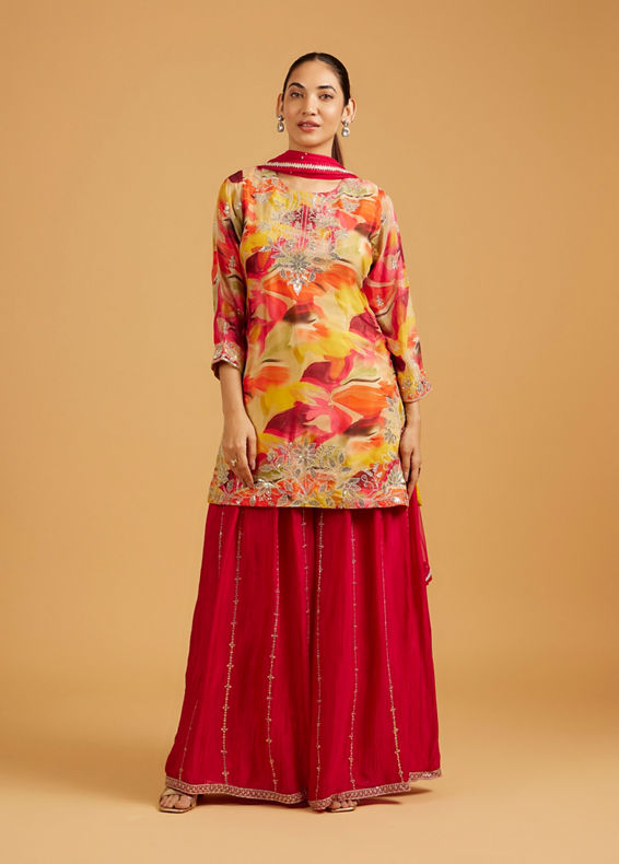 Mohey Women Rani Pink Abstract Print Suit Set with Floral Embroidery And Sequin Work