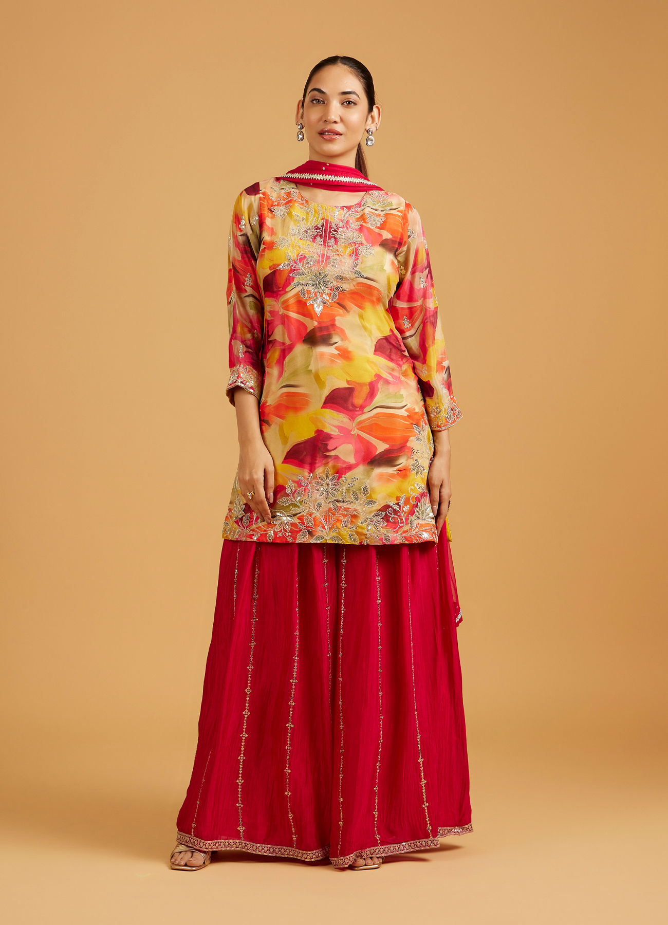 Mohey Women Rani Pink Abstract Print Suit Set with Floral Embroidery And Sequin Work