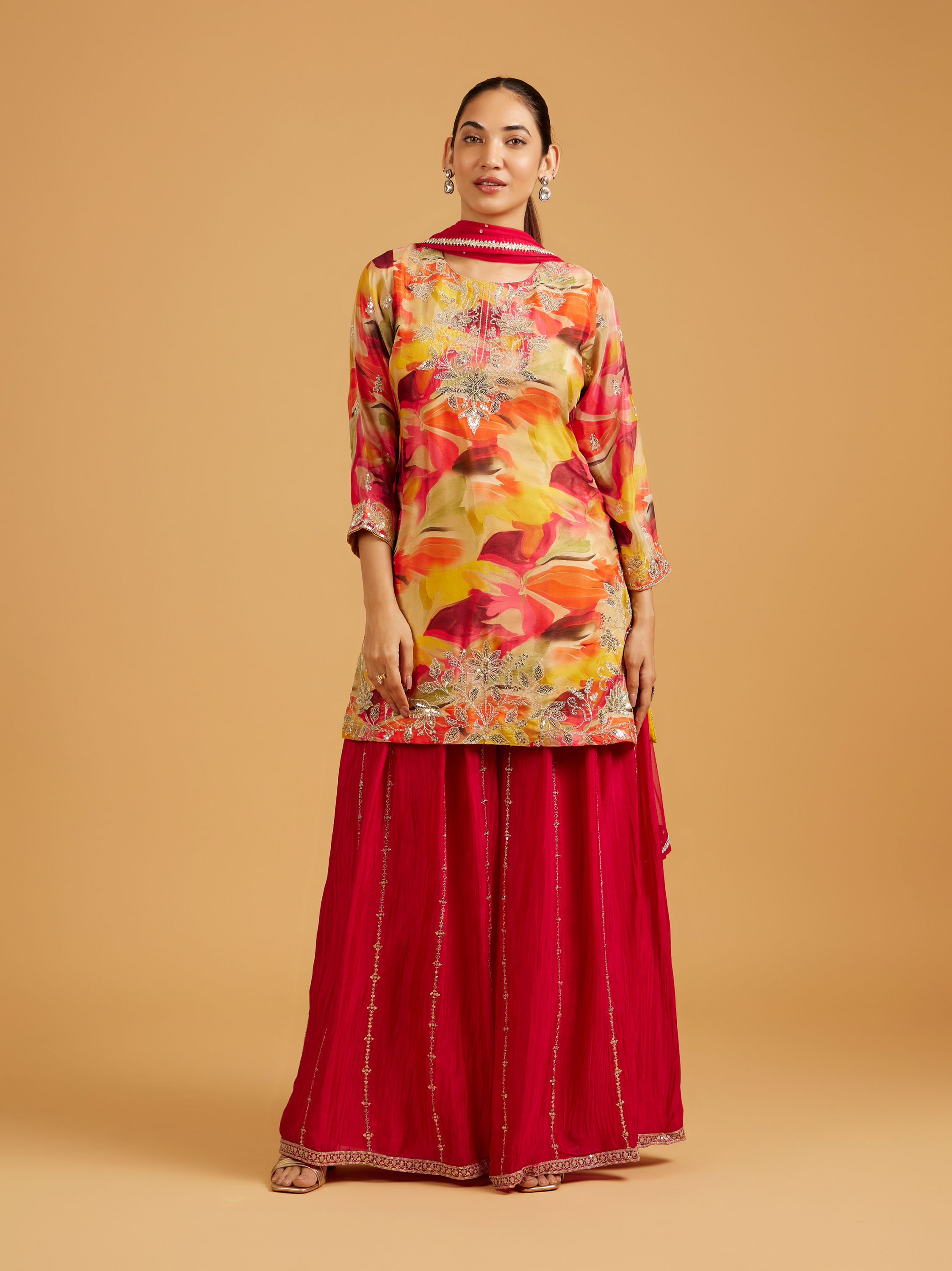 Mohey Women Rani Pink Abstract Print Suit Set with Floral Embroidery And Sequin Work
