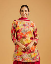Mohey Women Rani Pink Abstract Print Suit Set with Floral Embroidery And Sequin Work