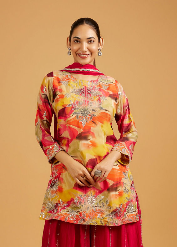 Mohey Women Rani Pink Abstract Print Suit Set with Floral Embroidery And Sequin Work