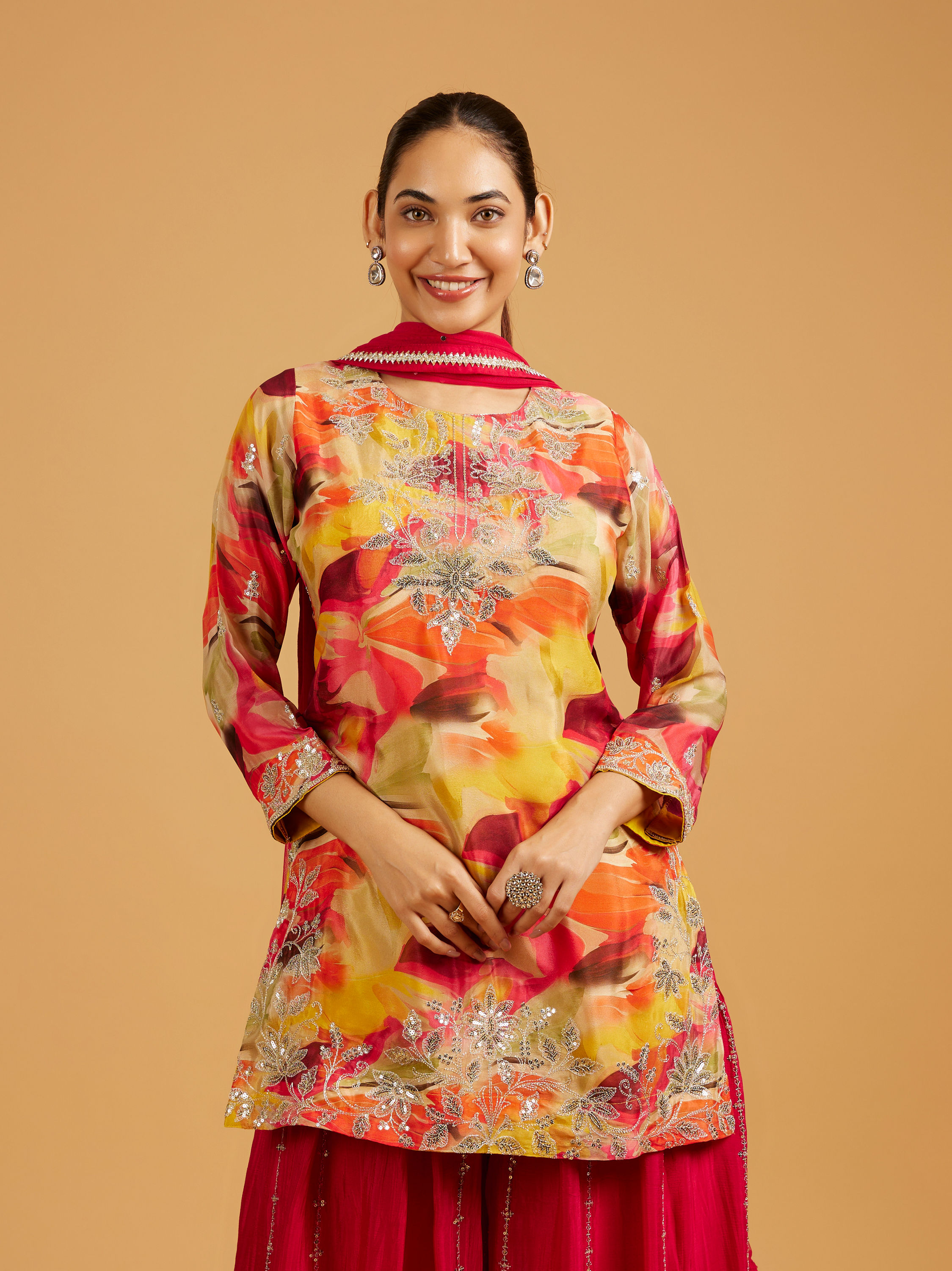 Mohey Women Rani Pink Abstract Print Suit Set with Floral Embroidery And Sequin Work