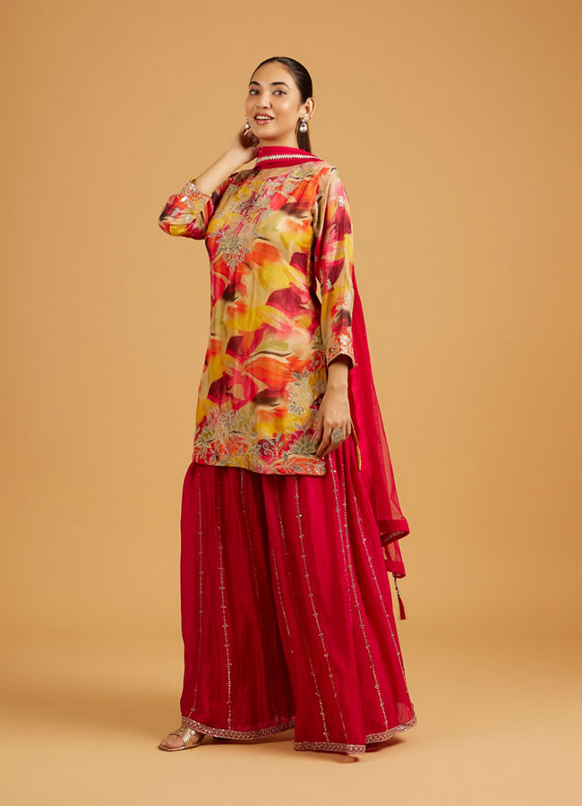 Mohey Women Rani Pink Abstract Print Suit Set with Floral Embroidery And Sequin Work