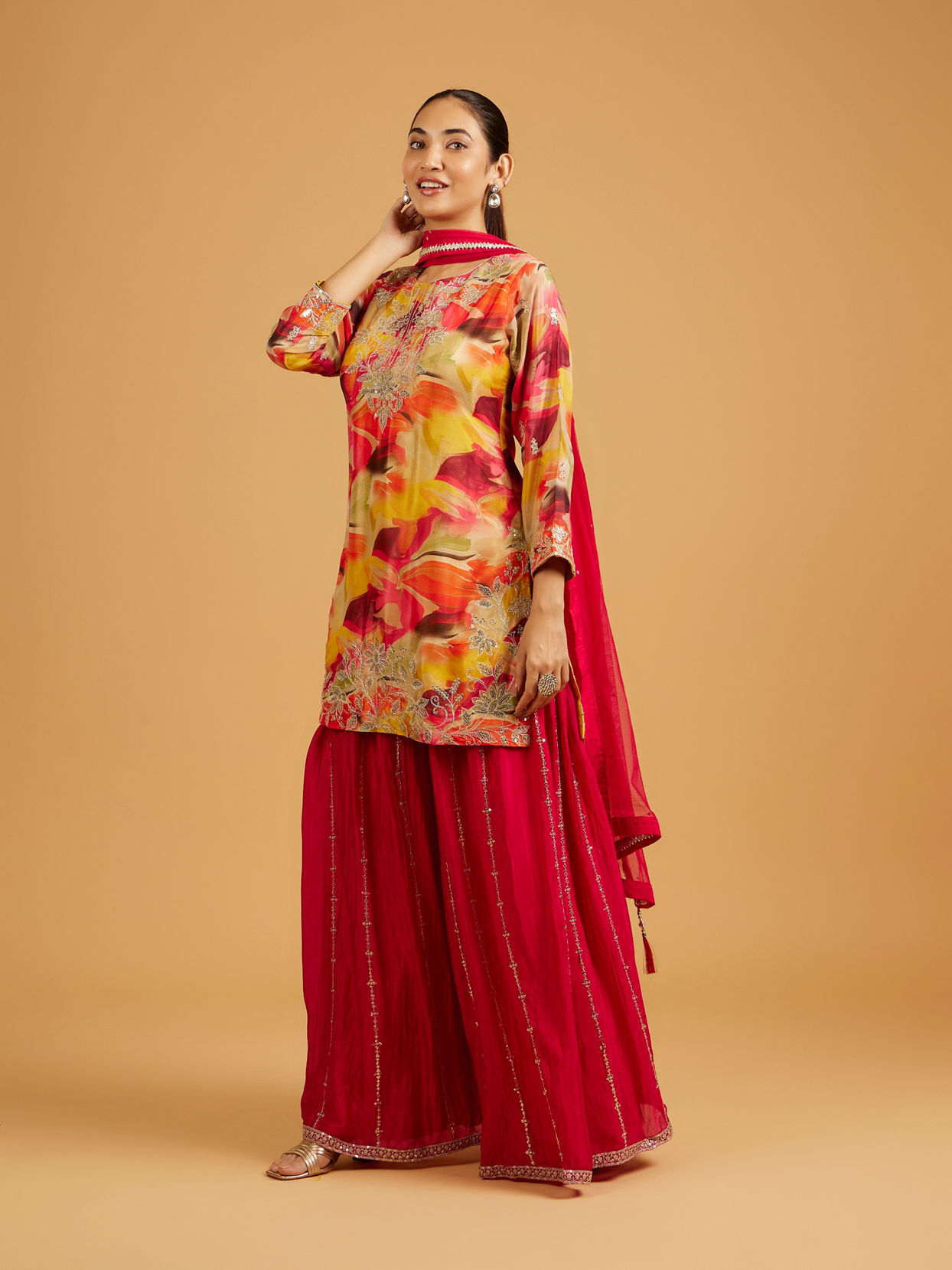 Mohey Women Rani Pink Abstract Print Suit Set with Floral Embroidery And Sequin Work
