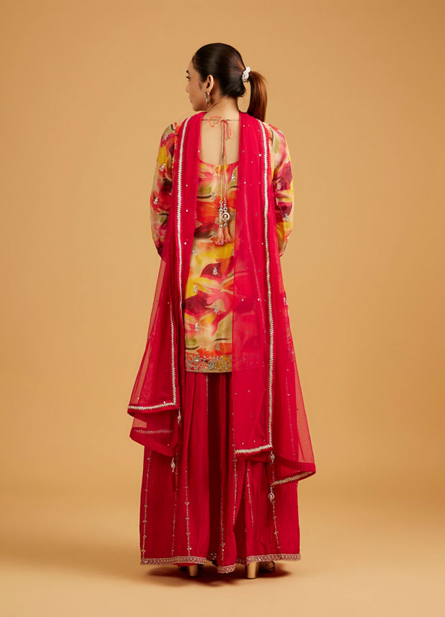Mohey Women Rani Pink Abstract Print Suit Set with Floral Embroidery And Sequin Work