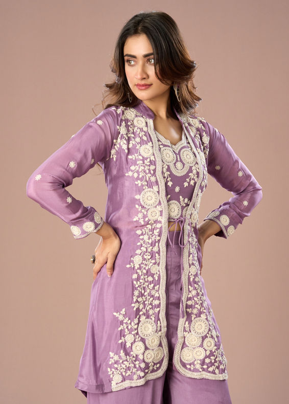 Mohey Women Stunning Purple Chinon Indo Western