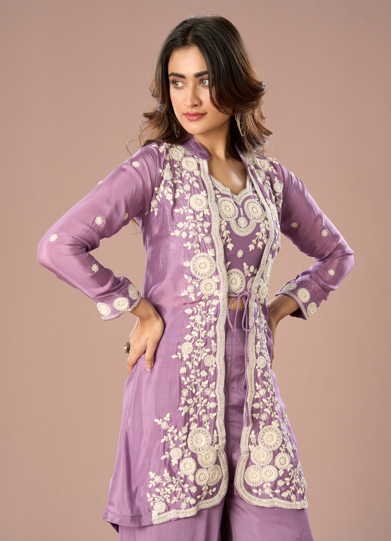 Mohey Women Stunning Purple Chinon Indo Western