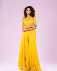 Mohey Women Sun Glow Yellow Georgette Ensemble Indo Western