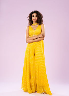 Mohey Women Sun Glow Yellow Georgette Ensemble Indo Western