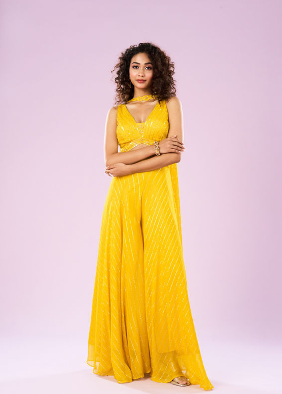 Mohey Women Sun Glow Yellow Georgette Ensemble Indo Western