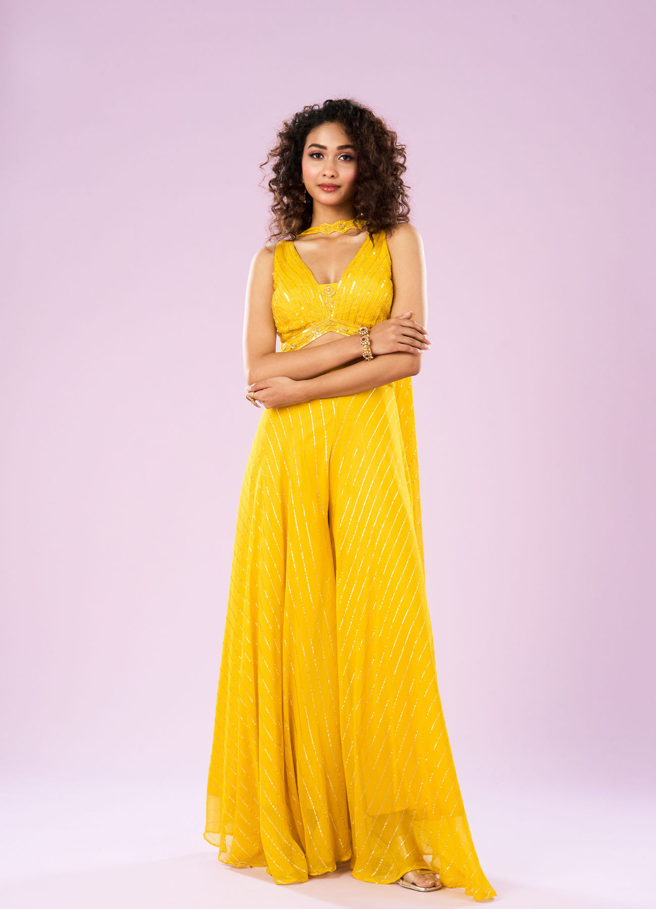Mohey Women Sun Glow Yellow Georgette Ensemble Indo Western