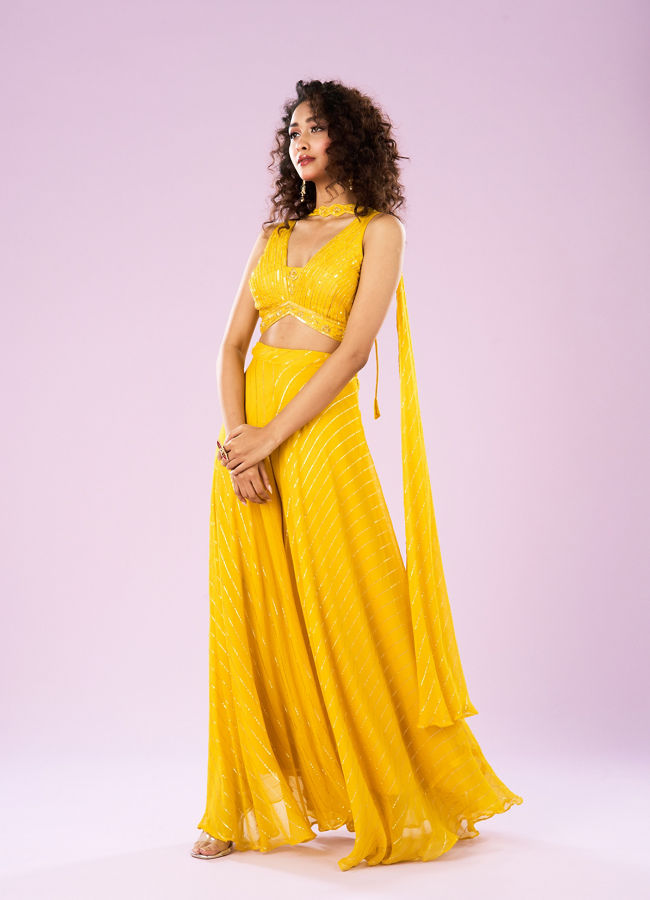 Mohey Women Sun Glow Yellow Georgette Ensemble Indo Western
